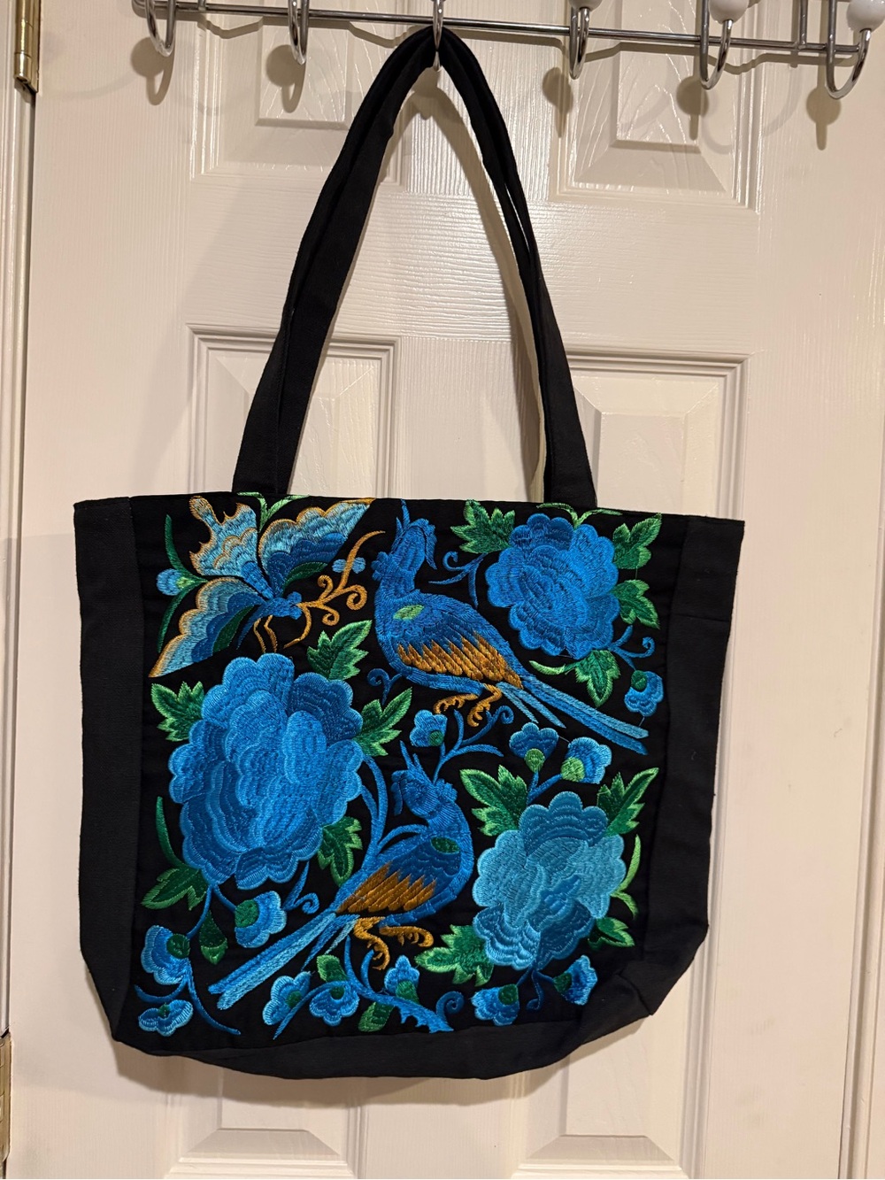 Black Tote with Blue Floral & Bird Embroidery - Picture 2 of 5